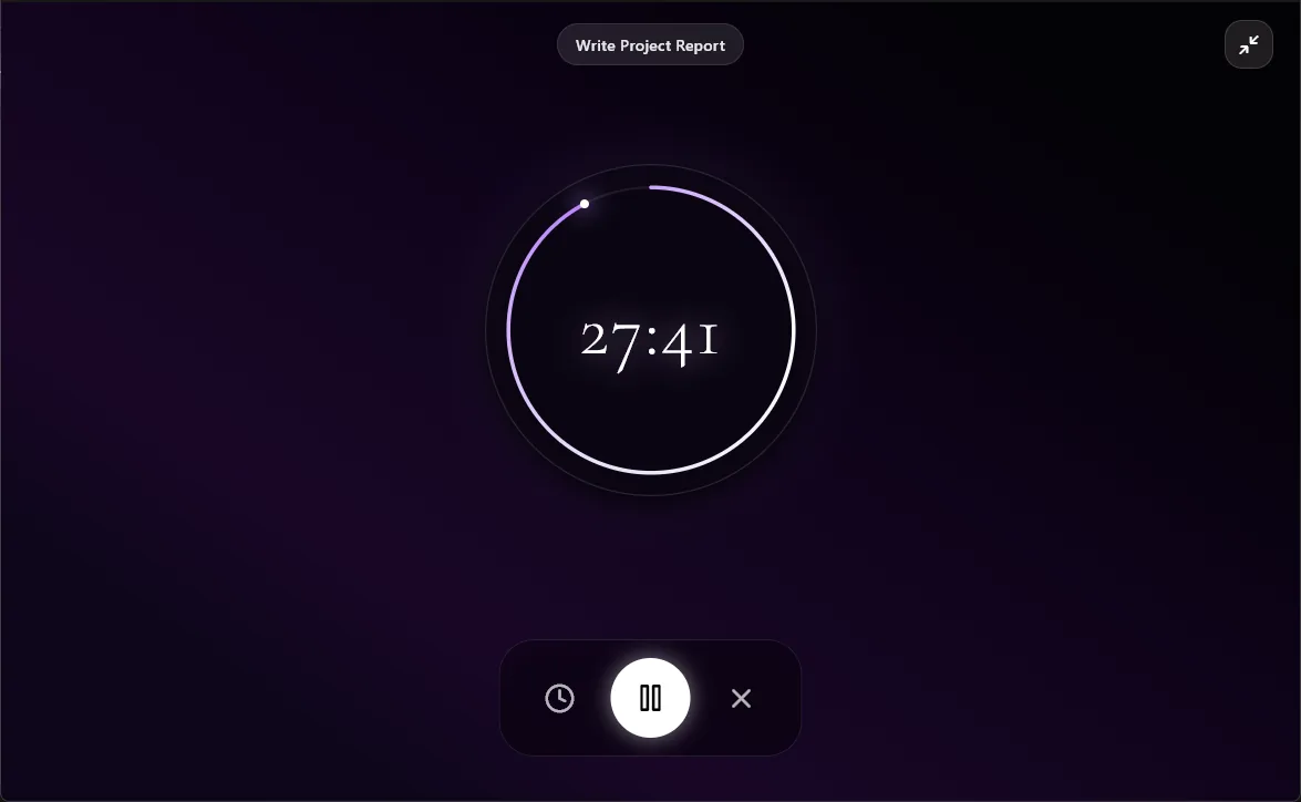 Oviqen Focus Timer screen featuring 29:58 countdown with playback controls
